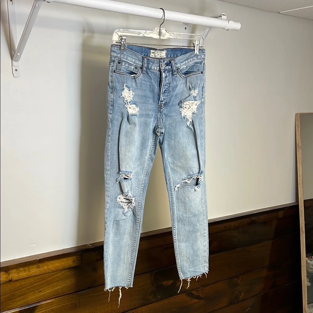 Free People Crochet Detail‎ Distressed Light Blue Raw Hem Straight Leg Jeans- 2